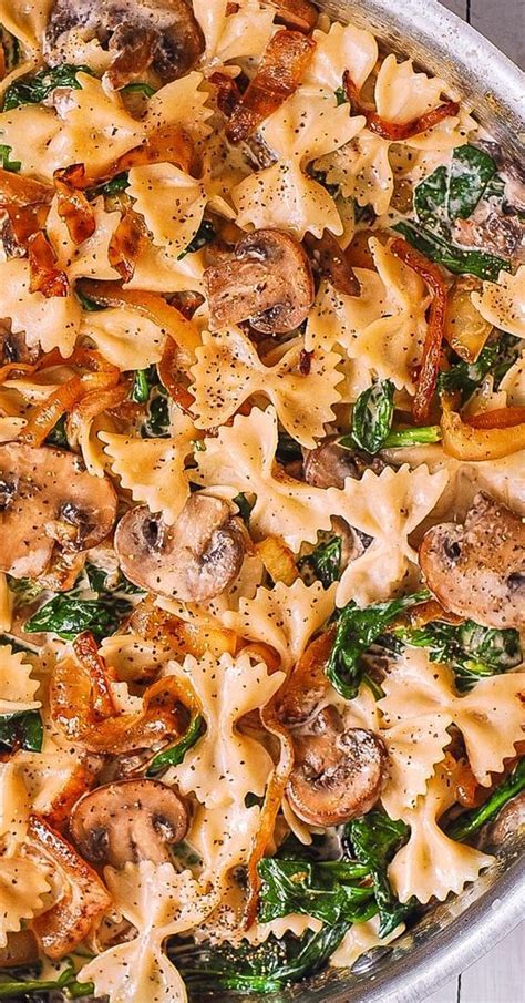 Creamy Bow Tie Pasta with Mushrooms, Spinach, Caramelized Onions ...