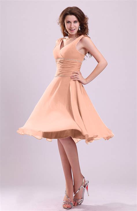 Peach Cute A-line Sleeveless Chiffon Knee Length Ruching Bridesmaid Dresses - UWDress.com