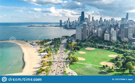 Chicago Skyline Aerial Drone View From Above, Lake Michigan And City Of Chicago Downtown ...
