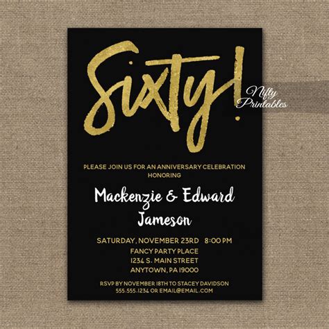 60th Anniversary Invitations Black Gold Script - Nifty Printables