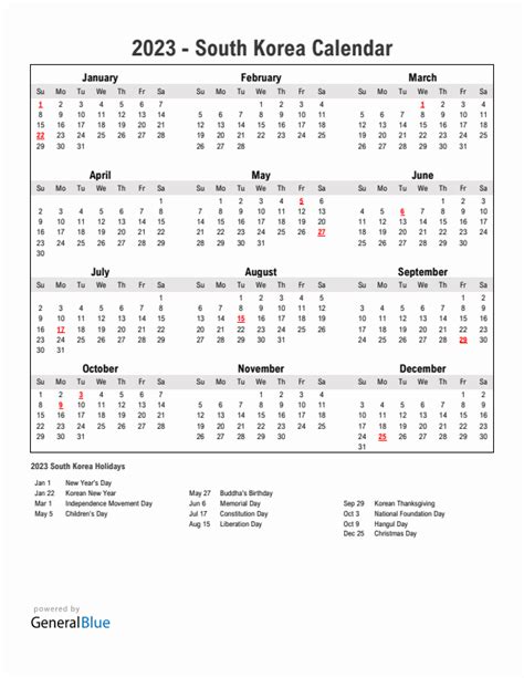 2023 South Korea Calendar with Holidays