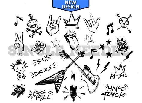 Festival Rock Music Tattoo Flash Sheet Stencil for Real Stick and Poke ...