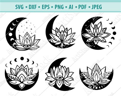 Lotus Moon Svg, Moon Phases Svg, Floral Crescent Moon Svg, Blooming Lotus Moon Svg, Moon Clipart ...