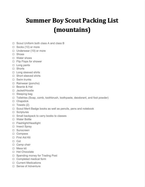 Boy Scout Camping Checklist Printable