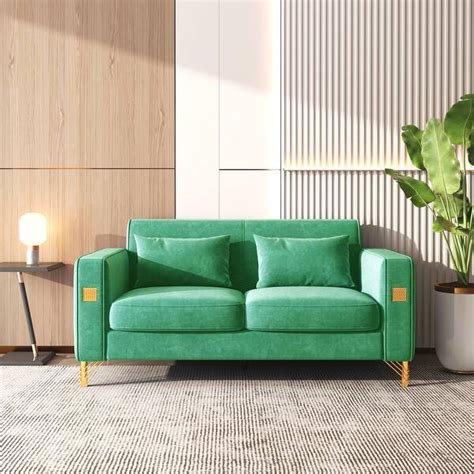 Modern Green Sleeper Loveseat w/ Pillows, Velvet Chaise Lounge Sofa Living Room Loveseat ...