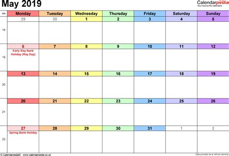 Calendar May 2019 UK with Excel, Word and PDF templates