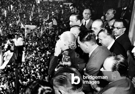 Image of Eva Peron during a speech, Buenos Aires, 1951 (b/w photo)