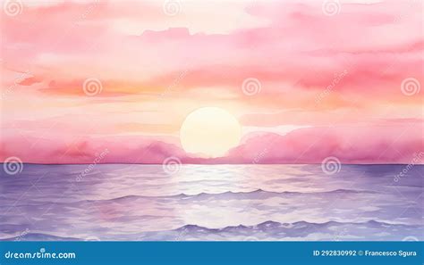 A Watercolor Painting of a Pink Sunset Over the Ocean Stock Photo ...