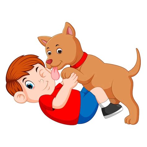 Niño jugando con perro y perro lamiendo la cara de su dueño | Vector Premium