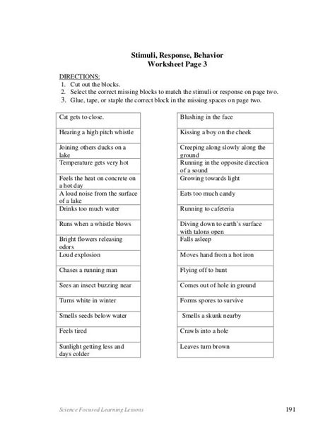 Stimulus and Response Worksheet 2 with Answers