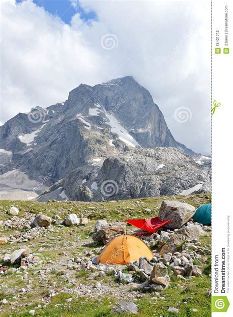 Camp in the mountains stock image. Image of morning, moraine - 68431713