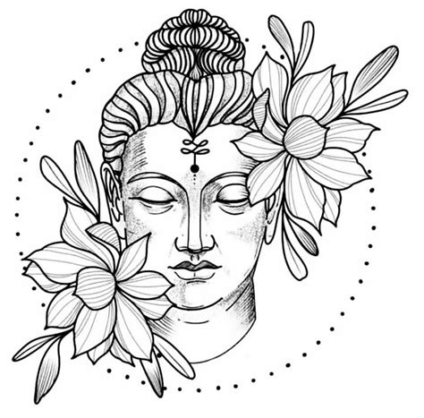 a drawing of a buddha head with flowers on it's forehead and eyes closed