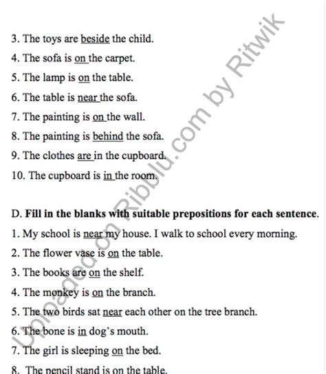 Prepositions Exercises For CBSE Class 3