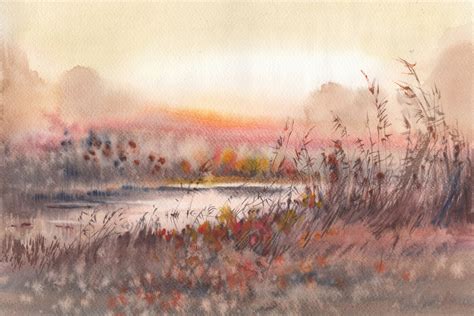 Wall Art Print | Sunrise. Landscape watercolor painting | UKposters