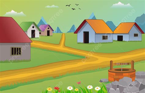 Cartoon Background Village Scene Vector Illustration With Old Houses Town, Village Scene, Town ...