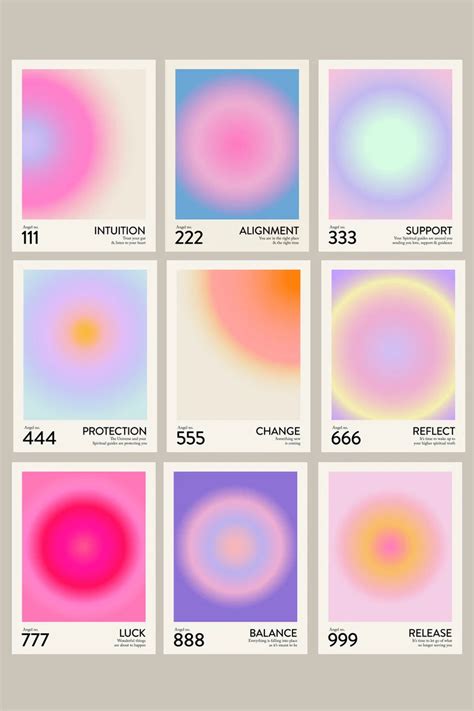 Angel Number Poster Set of 9 Trendy Gradient Aura Energy Spiritual Wall ...