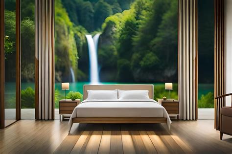 Premium AI Image | A bedroom with a waterfall and a waterfall.