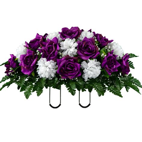 Sympathy Silks Artificial Cemetery Flowers Purple Open Rose with White Mum Saddle for Headstone ...