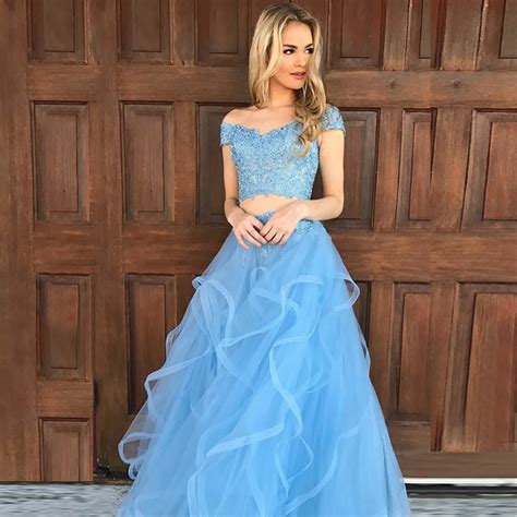 Hot Selling Light Blue 2 Piece Prom Dresses Boat Neck Off The Shoulder Lace Tulle Long Evening ...