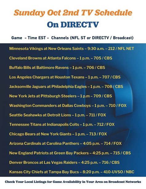 This Weeks NFL Sunday Ticket Schedule for Our Customers