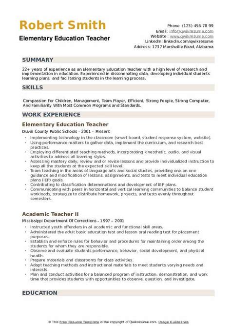 Elementary Education Teacher Resume Samples | QwikResume