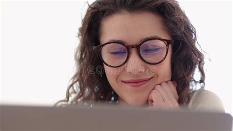 Young Woman Smile, Look at Laptop Screen, Positive Emotion on Face after Reading Good News Stock ...