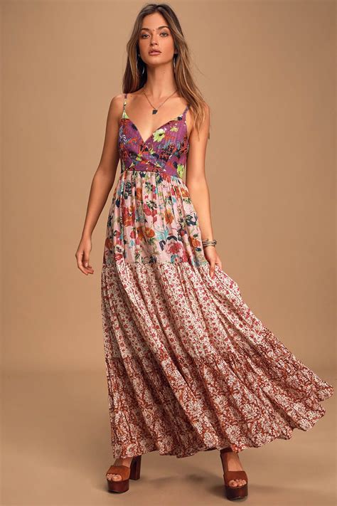 Boldly Boho Pink Multi Floral Print Tiered Maxi Dress | Boho dress ...