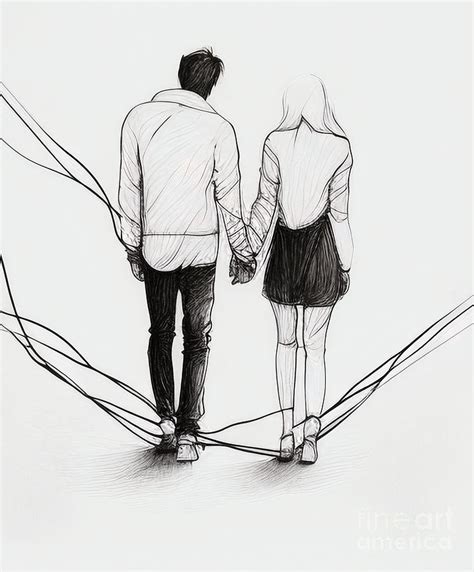 Romantic Couple Holding Hand Line Art, Happy Lovers Pencil Drawing ...