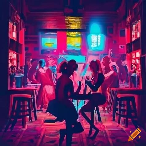 Vibrant nightlife scene in a dimly lit bar on Craiyon