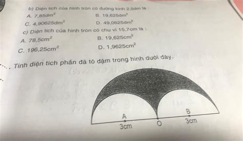 b) Diện tích của hình tròn có đường kinh 2,5ớm là . A. 7,85dm² B. 19 ...