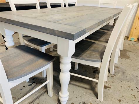 7ft Rustic Farmhouse Table with Turned Legs, Chair Set Classic Gray Top ...