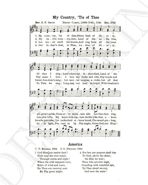 My Country Tis of Thee Hymn Lyrics Hymnal Sheet Sheet Music Home Decor Inspirational Art Instant ...