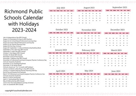 Richmond Public Schools Calendar with Holidays 2023-2024