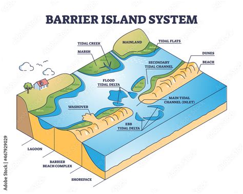 Barrier island systems as dune type and coastal landforms outline ...