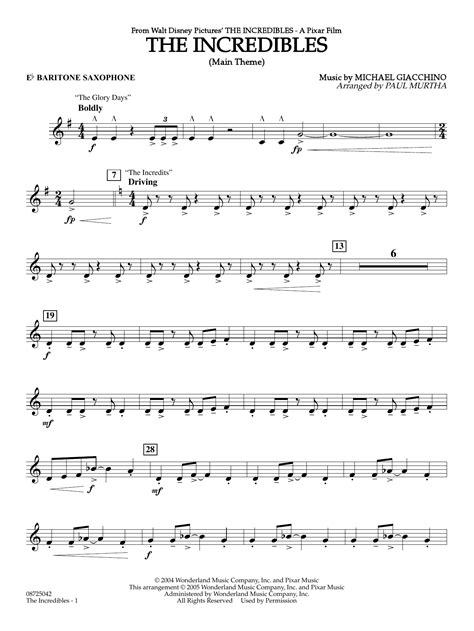 The Incredibles (Main Theme) (arr. Paul Murtha) - Eb Baritone Saxophone ...