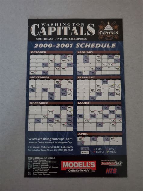 MS20 Washington Capitals 2000/01 NHL Hockey Magnet Schedule - Modell's ...