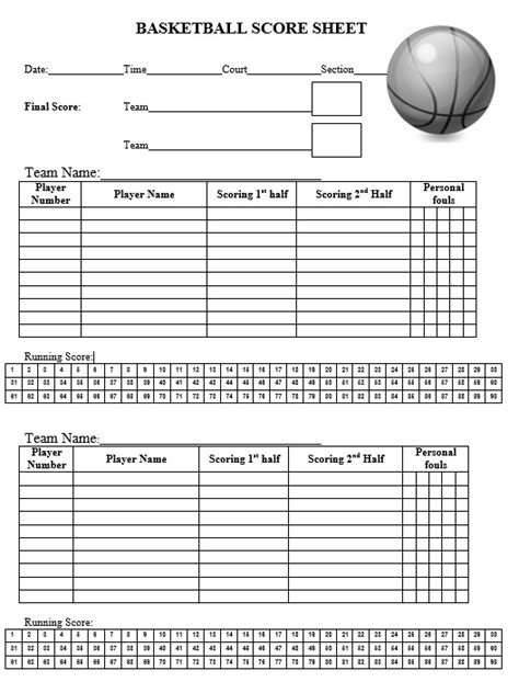 Basketball Score Sheet Printable Pdf Free