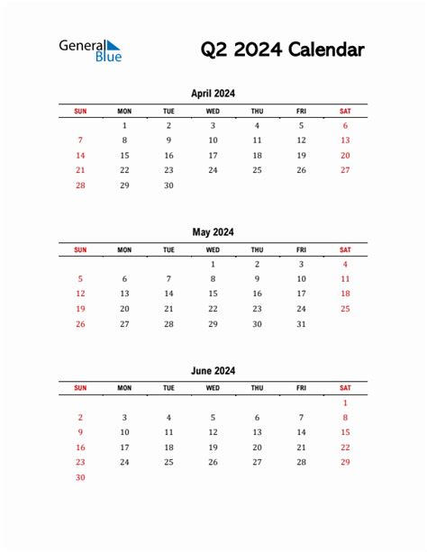 Q2 Quarterly Calendar 2024 in PDF, Word, Excel