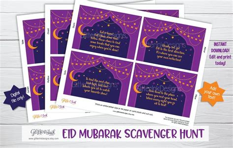 Eid Mubarak Scavenger Hunt Clue Cards / Ramadan Kids Treasure Hunt Clues / Printable Eid ...