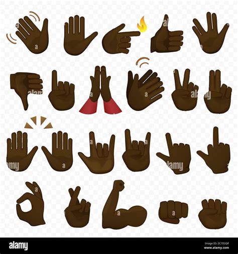 Set of dark black african american hands icons and symbols. Emoji hand icons. Different cartoon ...