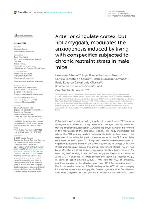 (PDF) Anterior cingulate cortex, but not amygdala, modulates the anxiogenesis induced by living ...