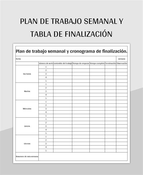 Plantilla de Formato Excel Plan De Trabajo Semanal Y Tabla De Finalización y Hoja de Cálculo de ...