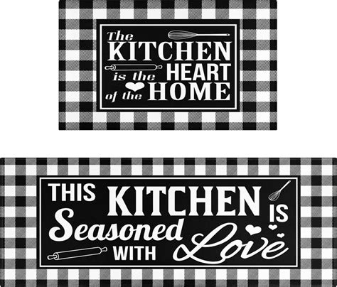 Buffalo Plaid Check Kitchen Rug Mat Set of 2 Black and White Farmhouse Kitchen Rugs Kitchen ...