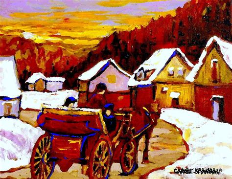 Painting Canadian Landscapes Red Sled Riders Home Before Sunset Quebec Landscape Paintings ...