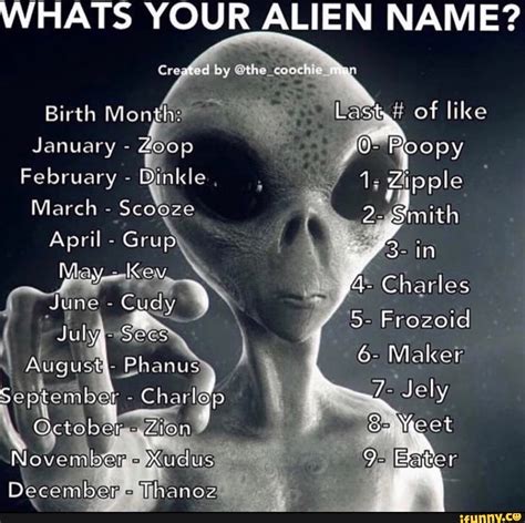 WHATS YOUR ALIEN NAME? Crested by @the_coochie Birth Month # of like ...