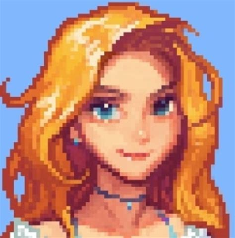 a pixel art portrait of a woman with blonde hair and blue eyes, wearing a white shirt