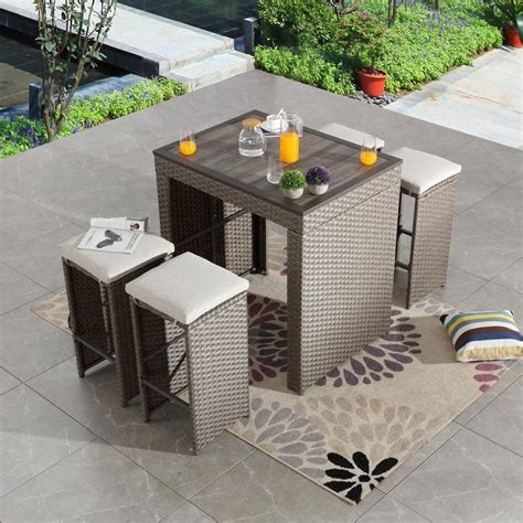 Patio Festival 5-Piece Wicker Patio Bar Set with Beige Cushions PF21001 - The Home Depot