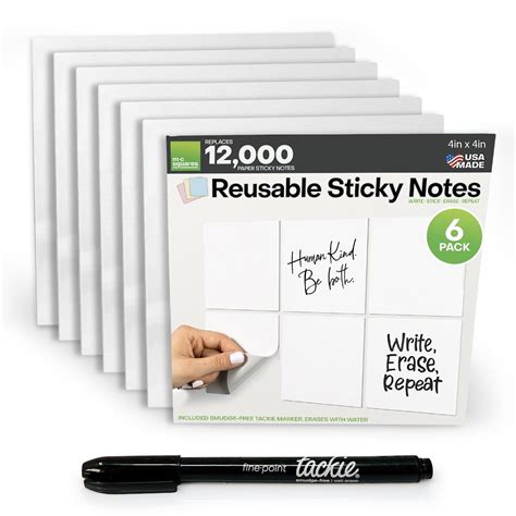 Buy M.C. Squares Reusable Sticky Notes | 4" x 4" 12 Pack of White ...