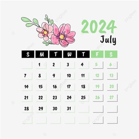 Floral Monthly Calendar For July 2024 Vector, July 2024 Calendar, July 2024, July Floral ...