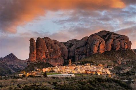 Jigsaw Puzzle. Aguero village with Mallets of Aguero at sunrise. Aguero, province of Huesca ...